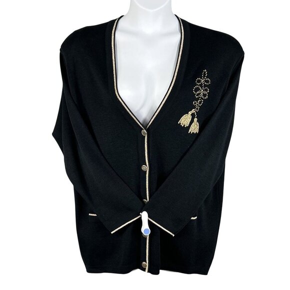 Talbots Womens XL Black Wool Cardigan Gold Embroidery Italy Made Button Up Artsy - Picture 16 of 16